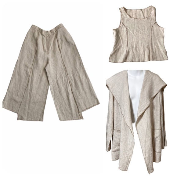 NEW i.c Collection Connie Sz L USA Linen Beige Jacket, Tank Top, & Pants 3pc Set - Picture 2 of 16
